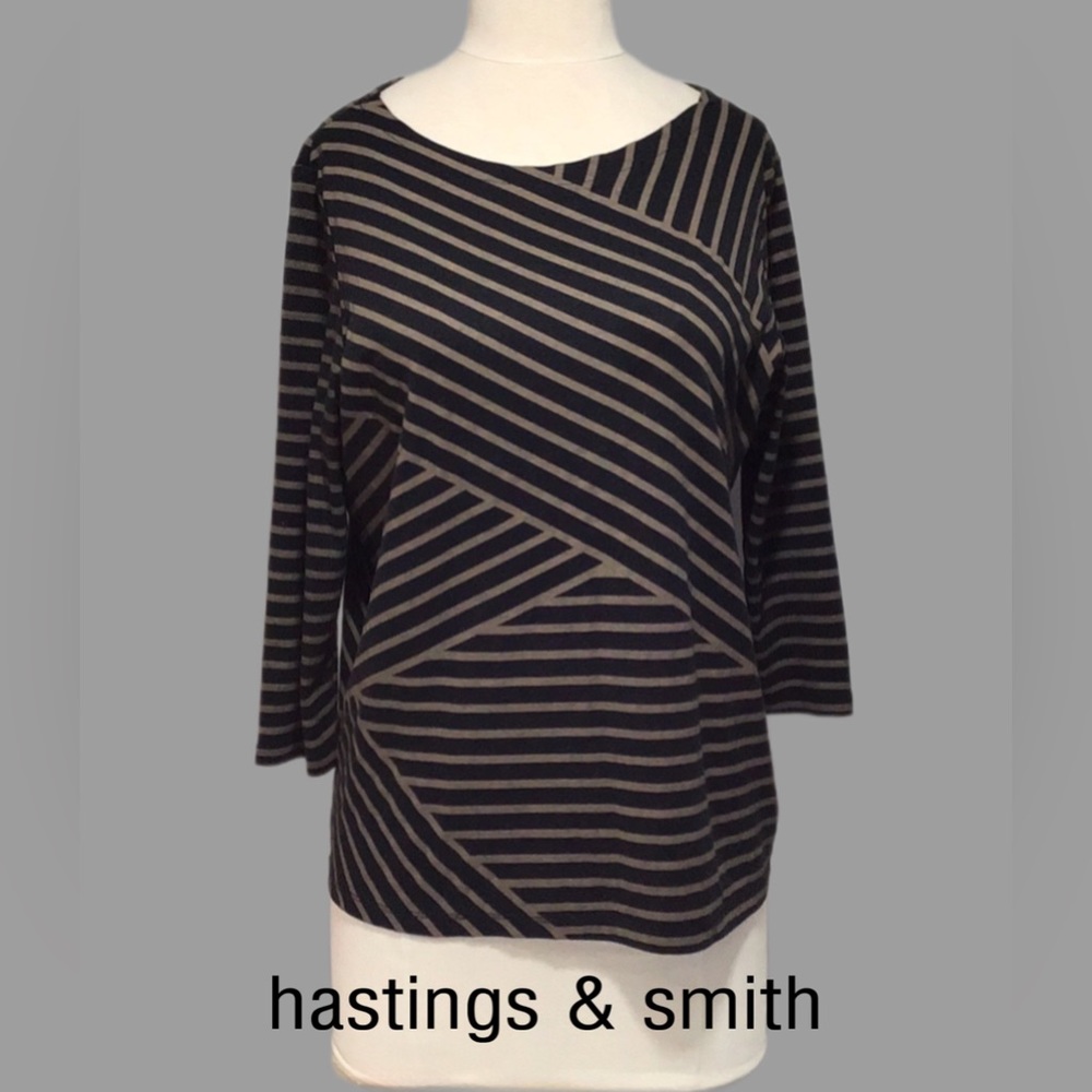 hastings & smith Diagonal Striped Top, Boatneck, 3/4 Sleeves, Black/Brown, Large